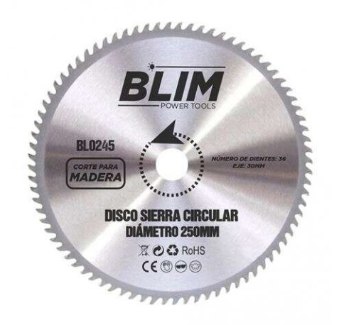 Blim Disco Corte de Madera para Sierra 250mm - 36 Dientes con Recubrimiento en Carburo de Tungsteno