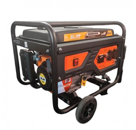 Blim Generador Electrico a Gasolina - Potencia 3.1kW - 3.3kW Maximo - Cilindrada 223cc - OHV 4 Tiempos - Deposito 15L - 9h de Autonomia - Arranque Manual - 46kg - 605x450x470mm - Color Negro y Naranja