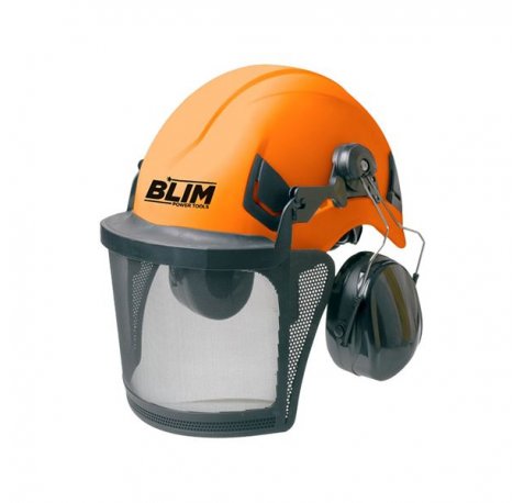 Blim Casco de Seguridad - Visera Protectora - Proteccion Auditiva 25dB - ABS - Talla 53-64cm - Visor de Malla Metalica - Ajuste de Trinquete - Alta Visibilidad - Forestal y Jardineria - Color Naranja