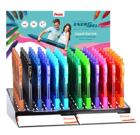 Pentel EnerGel X Expositor de 72 Boligrafos de Bola Retractiles Tinta Gel - Punta 0.7mm - Trazo 0.35mm - Recargable - Grip de Agarre - 50% de Materiales Reciclados - Colores Surtidos