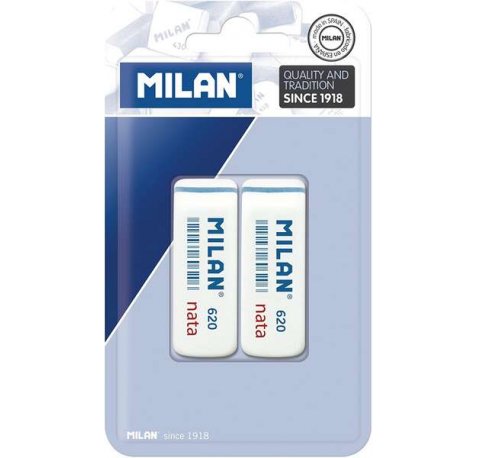 Milan Nata 620 Pack de 2 Gomas de Borrar Biseladas - Plastico - Suave - No Abrasiva - Color Blanco