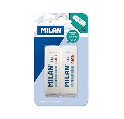 Milan Nata 612 Pack de 2 Gomas de Borrar Biseladas - Plastico - Suave - No Abrasiva - Color Blanco