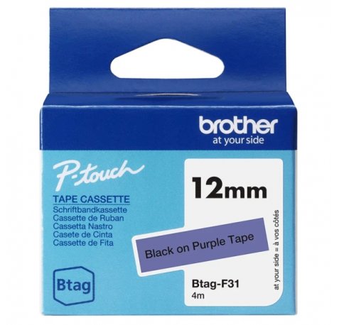 Brother Btag-F31 Cinta 12mm - Texto negro | Cinta - texto negro sobre fondo morado - medidas metros - apta para