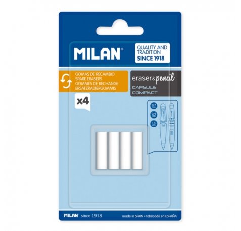 Milan Pack de 4 Gomas de Recambio para Portaminas - Compatible con Capsule y Compact - Color Blanco