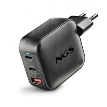NGS Bud Tiny Cargador GaN Universal de Pared 100W Ultrarrapido - 2x USB-C PD & PPS, 1x USB-A QC 3.0 - Color Negro