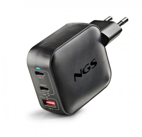 NGS Bud Tiny Cargador GaN Universal de Pared 100W Ultrarrapido - 2x USB-C PD & PPS, 1x USB-A QC 3.0 - Color Negro