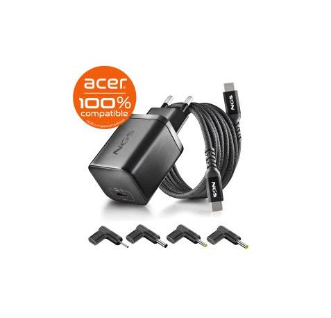 NGS BUD65Wâ??AC Cargador GaN 65W para Portatiles Acer - USB C Power Delivery y PPS - 4 Conectores DC Incluidos - Cable USB C 1.5m 60W - DiseÃ±o Ultraportatil - Proteccion contra Sobrecalentamiento y Sobrecargas