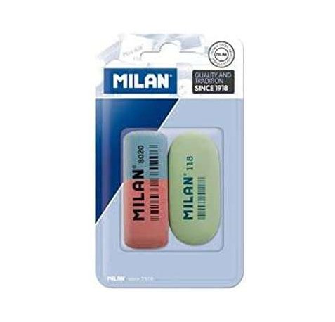 Milan Pack de 2 Gomas de Borrar, 1xGoma 8020 Biselada Doble Intensidad + 1xGoma 118 Ovalada - Caucho Sintetico - Para toda Clase de Papeles - Colores Surtidos