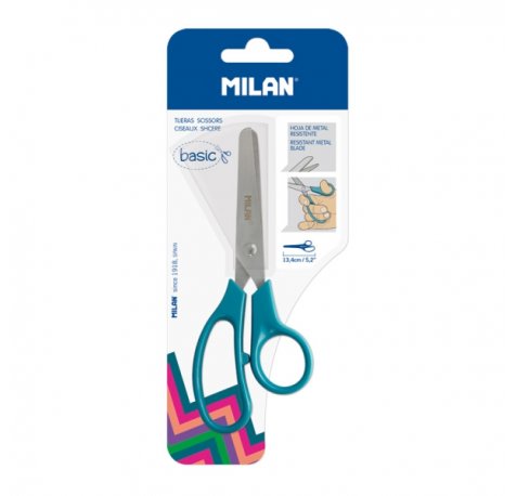 Milan Basic Blister de Tijeras Escolares Basic Verde Azulado - Mango Ergonomico - Punta Redondeada - Acero Inoxidable de 13.4cm - Color Verde