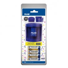 Milan Power-Sharp Acid Sacapuntas Electrico - Pilas Incluidas - Deposito Integrado - Cuchilla de Acero al Carbono de Seguridad - Color Azul