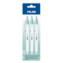 Milan P1 + Pack de 3 Boligrafos de Bola Retractiles - Tinta Azul - Punta Redonda 1mm - Superficie Antibacteriana - Color Blanco