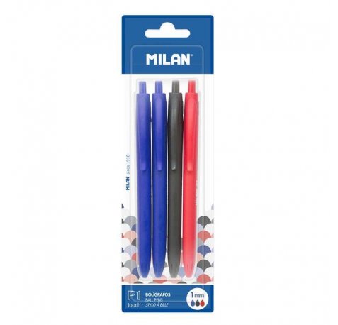 Milan P1 Touch Pack de 4 Boligrafos de Bola Retractiles - Punta Redonda 1mm - Tinta con Base de Aceite - Escritura Suave - 1.200m de Escritura - Color Azul x2, Negro y Rojo