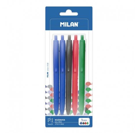 Milan P1 Touch Pack de 5 Boligrafos de Bola Retractiles - Punta Redonda 1mm - Tinta con Base de Aceite - Escritura Suave - 1.200m de Escritura - Color Azul x2, Negro, Rojo y Verde
