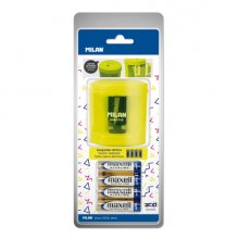 Milan Power-Sharp Acid Sacapuntas Electrico - Pilas Incluidas - Deposito Integrado - Cuchilla de Acero al Carbono de Seguridad - Color Amarillo
