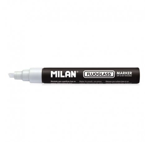 Milan Fluoglass Rotulador para Superficies Lisas  - Punta Biselada - Trazo de 2 a 4mm - Tinta al Agua - Borrado Facil - Color Blanco
