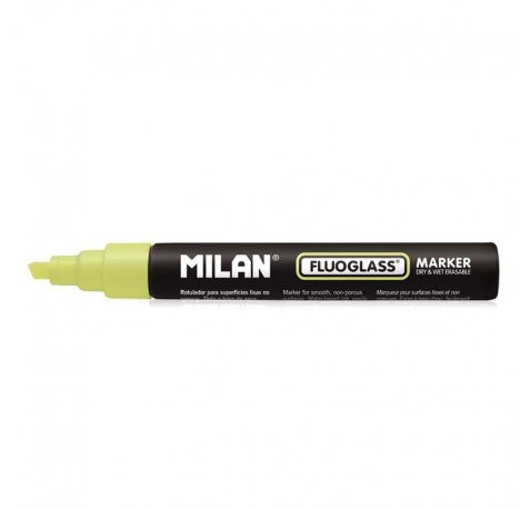 Milan Fluoglass Rotulador para Superficies Lisas - Punta Biselada - Trazo de 2 a 4mm - Tinta al Agua - Borrado Facil - Color Amarillo