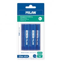 Milan Pack de 5 Barra de Pegamento 8 g - Multiusos - Multisuperficies - Sin Disolventes - Uso Escolar - Color Azul