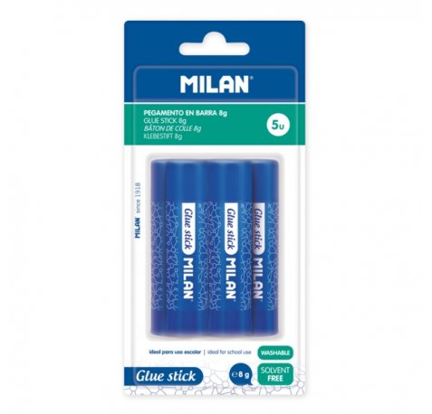 Milan Pack de 5 Barra de Pegamento 8 g - Multiusos - Multisuperficies - Sin Disolventes - Uso Escolar - Color Azul
