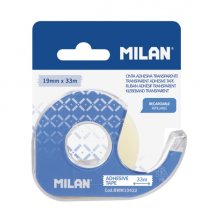 Milan Portarrollos con Cinta Adhesiva - Cinta Transparente Brillante - Hoja de Corte Metalica - 19mm x 33m - Color Azul Milan Portarrollos con Cinta Adhesiva - Cinta Transparente Brillante - Hoja de Corte Metalica - 19mm x 33m - Color Azul