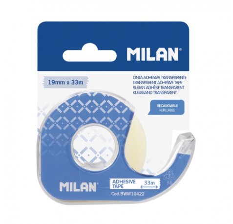 Milan Portarrollos con Cinta Adhesiva - Cinta Transparente Brillante - Hoja de Corte Metalica - 19mm x 33m - Color Azul