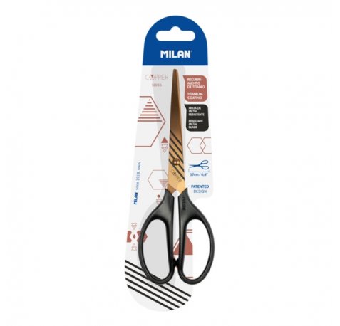 Milan Copper Tijeras de Oficina de 17cm - Mango Ergonomico - Hoja de Acero Inoxidable - Recubrimiento de Titanio - Color Negro