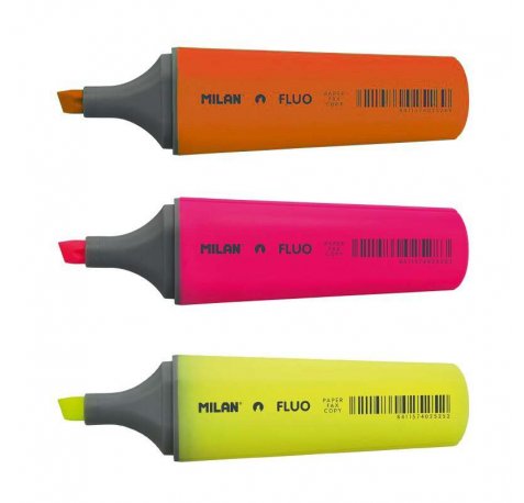 Milan Pack de 3 Rotuladores Marcadores Fluorescentes - Punta Biselada 1 - 4.8mm - Colores Surtidos