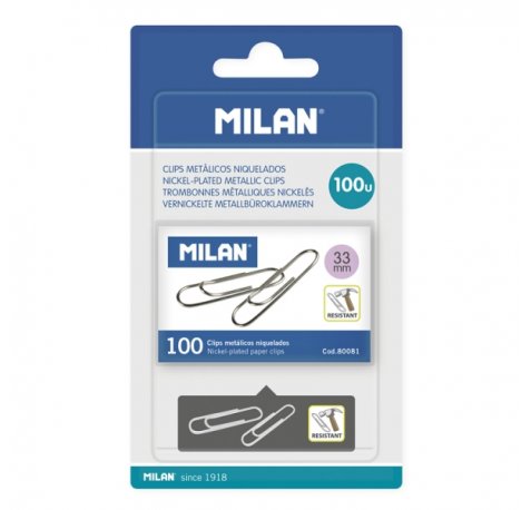 Milan Niquelados Pack de 100 Clips - 33mm - Color Plata