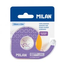 Milan Portarrollos con Cinta Adhesiva - Cinta Amarillo Transparente - Hoja de Corte Metalica - 19mm x 33m - Color Lila Milan Portarrollos con Cinta Adhesiva - Cinta Amarillo Transparente - Hoja de Corte Metalica - 19mm x 33m - Color Lila