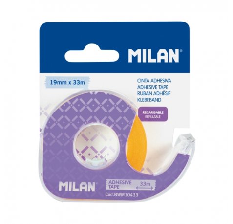 Milan Portarrollos con Cinta Adhesiva - Cinta Amarillo Transparente - Hoja de Corte Metalica - 19mm x 33m - Color Lila
