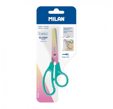 Milan Basic Sunset Tijeras de 13.4cm - Mango Ergonomico - Punta Redondeada - Hoja de Acero Inoxidable - Color Turquesa