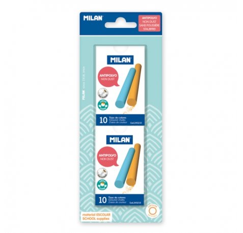 Milan Pack de 2 Cajas con 10 Tizas de Colores - Carbonato de Calcio - Redondas - Antipolvo - No Contienen Caseina Ni Yeso - Colores Surtidos