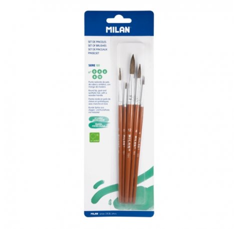 Milan 101 Pack de 5 Pinceles Redondos - Formatos Surtidos - Pelo de Cabra y Sintetico - Color Madera Oscuro