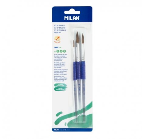 Milan 116 Pack de 3 Pinceles Redondos - Pelo de Cabra y Sintetico - Formatos Surtidos - Mango Ergonomico - Color Transparente
