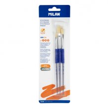Milan 526 Pack de 3 Pinceles Planos - Formatos Surtidos - Cerda Natural - Mango Ergonomico de Plastico - Color Blanco