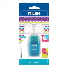 Milan Capsule Blister Afilaborras - Sacapuntas y Goma de Borrar + 2 Gomas de Borrar de Recambio - Cuchilla de Acero al Carbono - Para todo tipo de Lapices - Cuchilla de Seguridad - Colores Surtidos (12 uds)