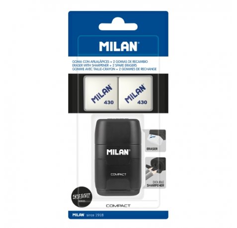 Milan Compact Shadow Afilaborra - 2 Gomas de Recambio - Cuchilla de Acero de Seguridad - Doble Agujero para Normal y Maxi - Color Negro