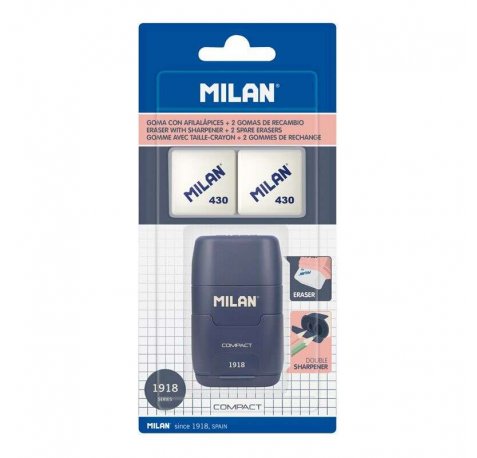 Milan Compact Serie 1918 Afilaborra Compact con 2 Gomas de Borrar - Sacapuntas Doble - Cuchilla de Seguridad - Color Azul Oscuro