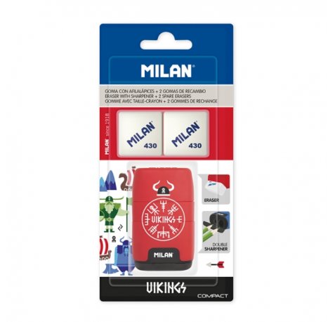 Milan Compact Vikings Afilaborra - 2 Gomas de Recambio - Cuchilla de Acero de Seguridad - Doble Agujero para Normal y Maxi - Colores Surtidos