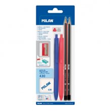 Milan P1 Touch Pack de 2 Boligrafos + 2 Lapices + Goma 430 + Sacapuntas - Tinta Azul y Roja - Durezas HB y H - Colores Surtidos