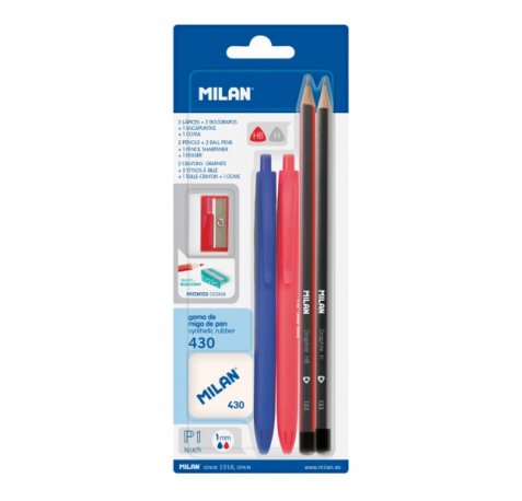 Milan P1 Touch Pack de 2 Boligrafos + 2 Lapices + Goma 430 + Sacapuntas - Tinta Azul y Roja - Durezas HB y H - Colores Surtidos