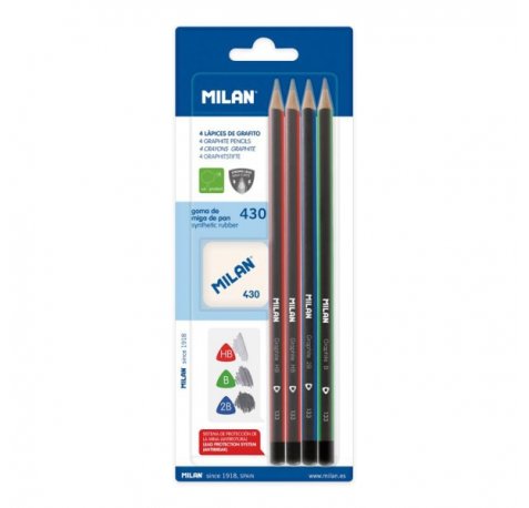 Milan Pack de 4 Lapices + Goma de Borrar 430 - Triangulares - Durezas Surtidas - Colores Surtidos