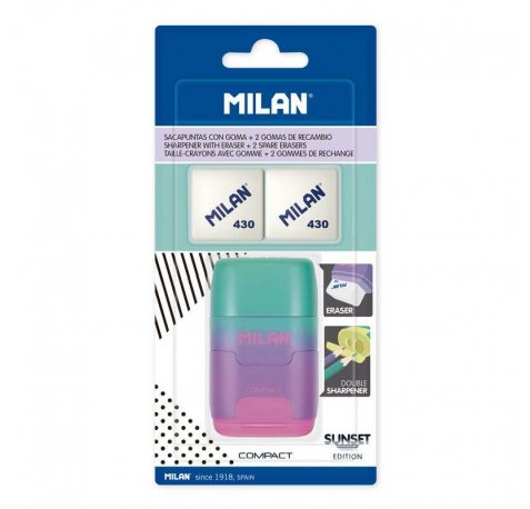 Milan Compact Sunset Afilaborra Compact con 2 Gomas de Borrar - Sacapuntas Doble - Cuchilla de Seguridad - Color Turquesa/Violeta/Rosa