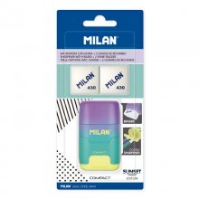 Milan Compact Sunset Afilaborra Compact con 2 Gomas de Borrar - Sacapuntas Doble - Cuchilla de Seguridad - Color Turquesa/Violeta/Amarillo