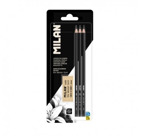 Milan Art Pack de 3 Lapices de Carboncillo + Goma The Master Gum - Color Negro