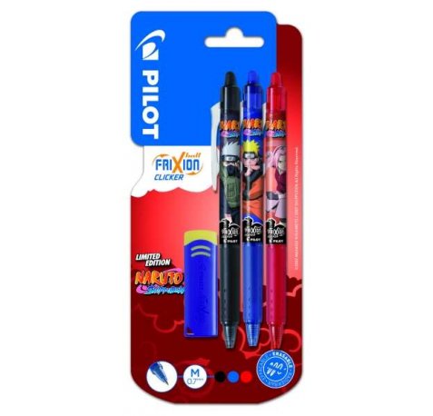 Pilot Frixion Clicker Naruto Shippuden Pack de 3 Boligrafos de Gel Retractil Borrable + Borrador - Punta de Bola 0.7mm - Trazo 0.4mm - Grip de Agarre - Color Azul, Rojo y Negro