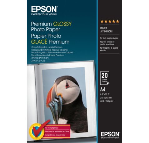 Epson Premium Glossy Photo Pack de 20 Hojas de Papel Fotografico - A4 - Gramaje de 255g/m2 - Acabado Brillante - Compatible con Impresoras Inkjet - Color Blanco