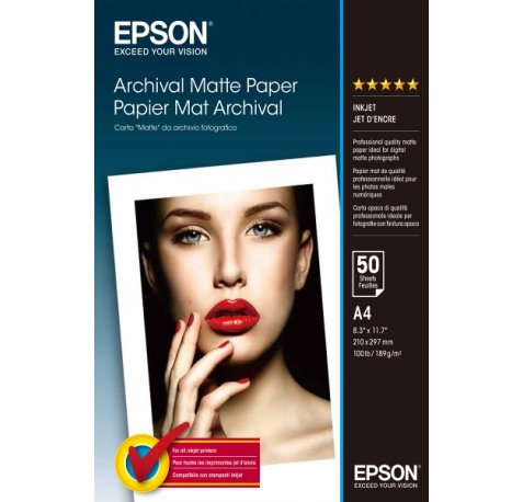 Epson Archival Matte Pack de 50 Hojas de Papel Fotografico - A4 - Gramaje de 192g/m2 - Acabado Mate - Compatible con Impresoras Inkjet - Color Blanco