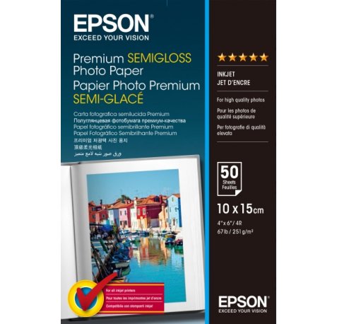 Epson Premium Semiglossy Photo Pack de 50 Hojas de Papel Fotografico - 10x15cm - Gramaje de 251g/m2 - Acabado Semibrillante - Compatible con Impresoras Inkjet - Color Blanco