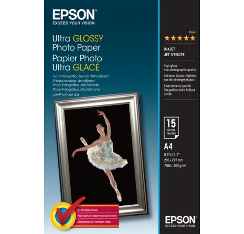 Epson Ultra Glossy Photo Pack de 15 Hojas de Papel Fotografico - A4 - Gramaje de 300g/m2 - Acabado Brillante - Compatible con Impresoras Inkjet - Color Blanco