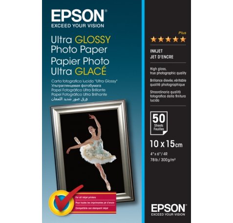 Epson Ultra Glossy Photo Pack de 50 Hojas de Papel Fotografico - 10x15cm - Gramaje de 300g/m2 - Acabado Brillante - Compatible con Impresoras Inkjet - Color Blanco